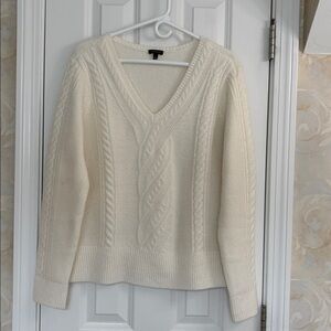Talbots Cream Cable Polyester, Wool and Spandex V-neck Sweater